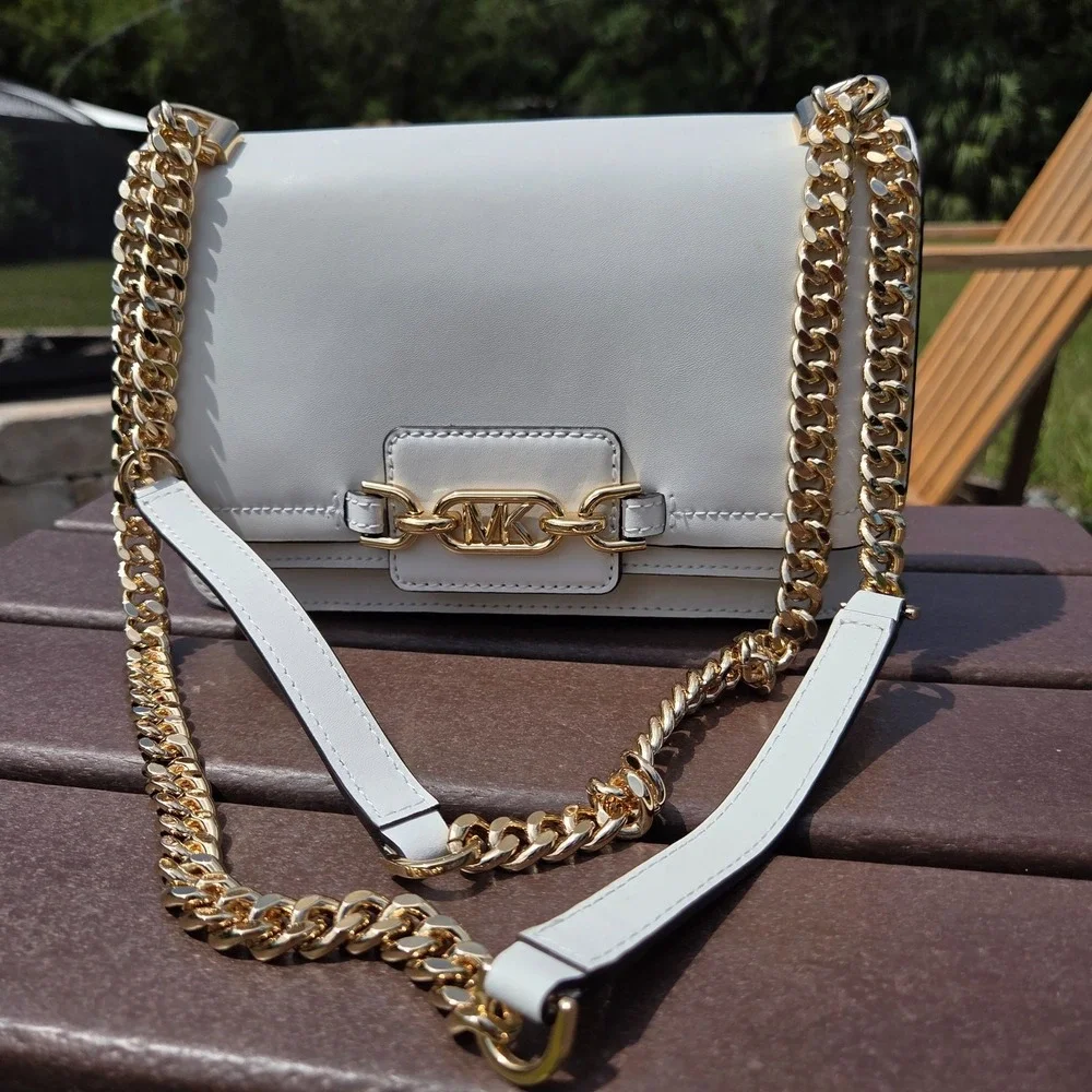 Michael Kors White Heather Logo Crossbody Bag Gold Chunky Chain Hardware - Picture 2 of 16